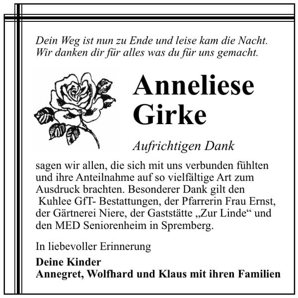 Danksagung Anneliese Girke
