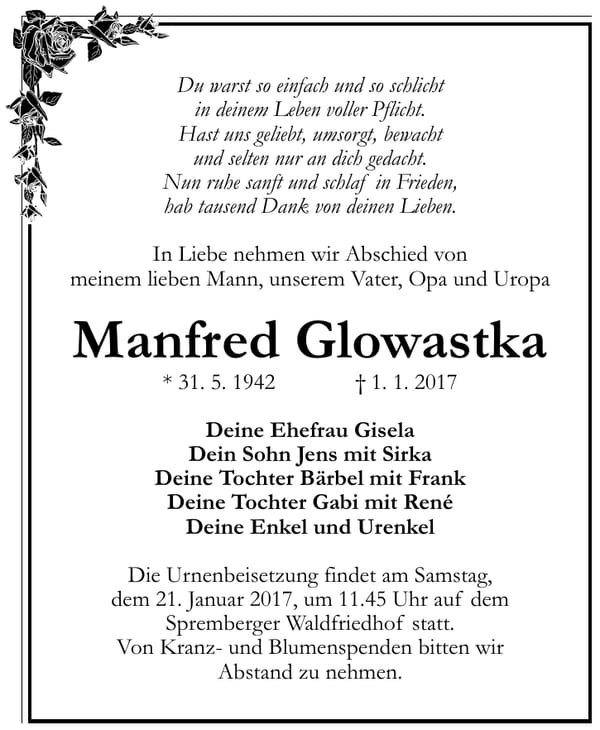 Traueranzeige Manfred Glowastka