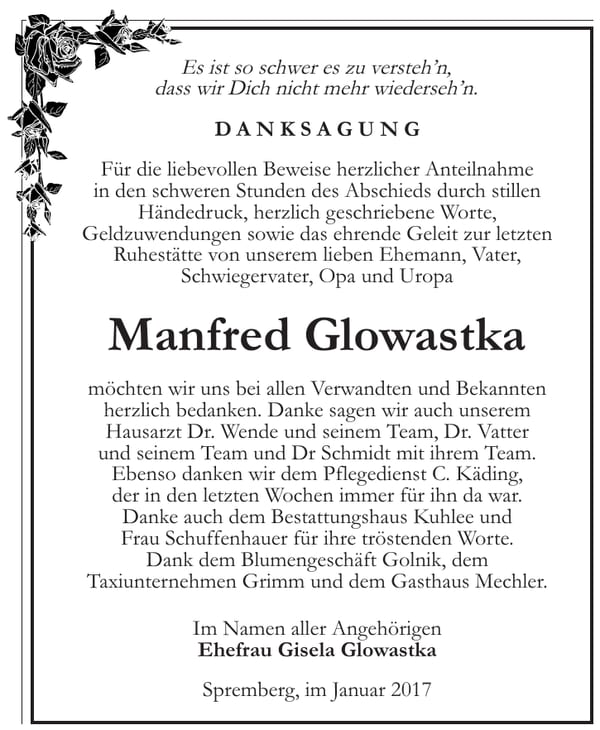 Danksagung Manfred Glowastka