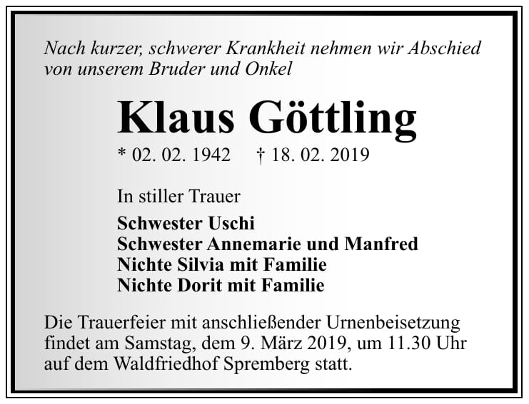 Traueranzeige Klaus Göttling