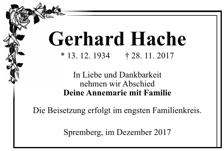 Traueranzeige Gerhard Hache