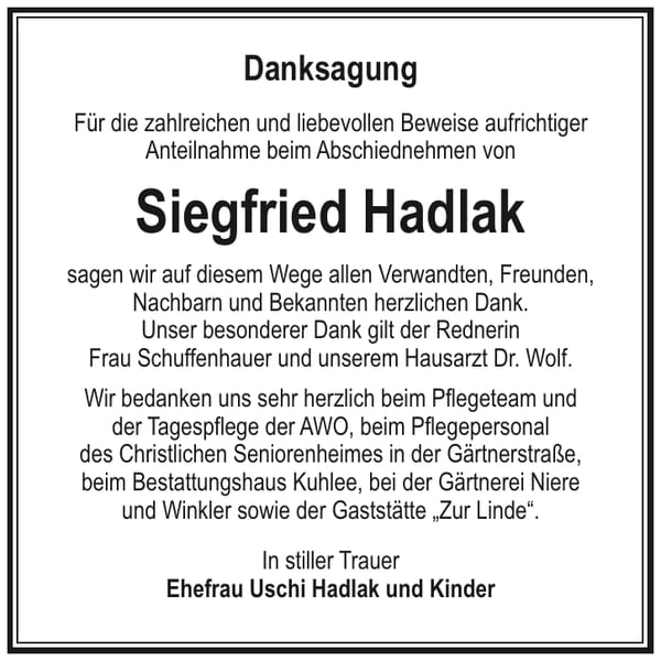 Danksagung Siegfried Hadlak