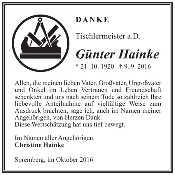 Danksagung Günter Hainke