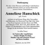 Danksagung Anneliese Hanschick, geb. Noack