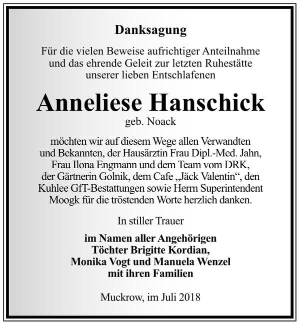 Danksagung Anneliese Hanschick, geb. Noack