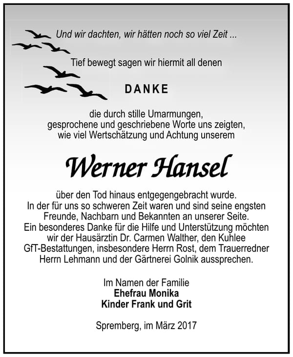 Danksagung Werner Hansel