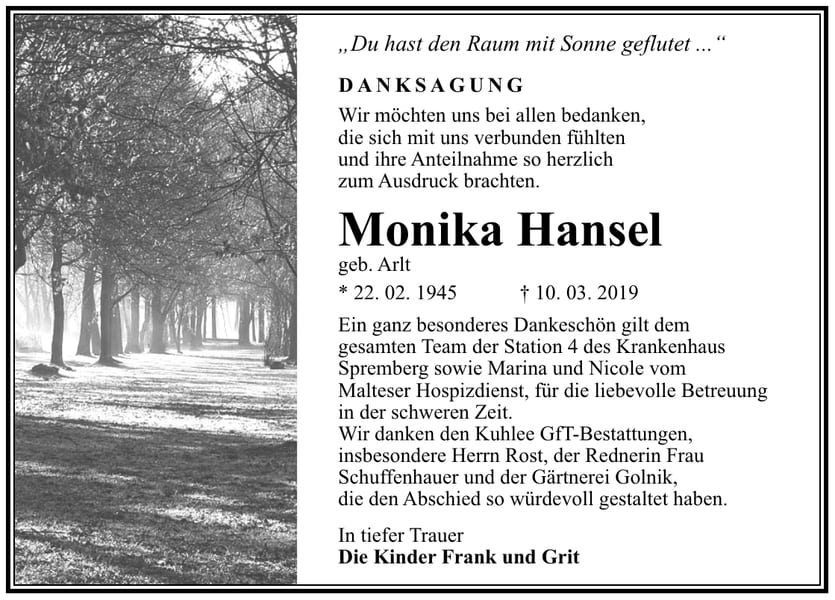 Traueranzeige Monika Hansel, geb. Arlt