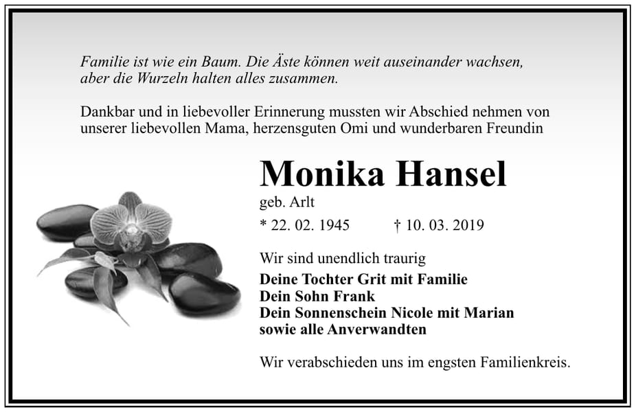 Traueranzeige Monika Hansel, geb. Arlt