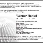 Traueranzeige Werner Hansel