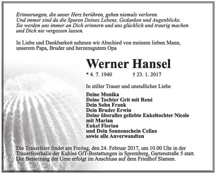 Traueranzeige Werner Hansel