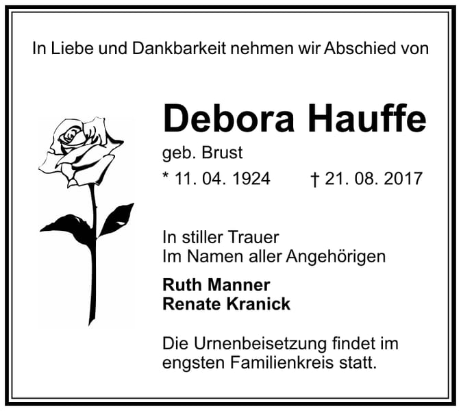 Traueranzeige Debora Hauffe, geb. Brust