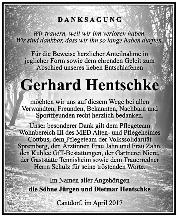 Danksagung Gerhard Hentschke