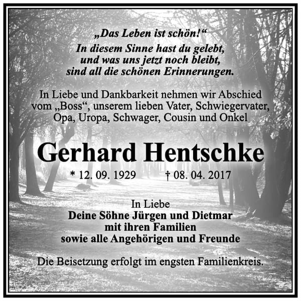 Traueranzeige Gerhard Hentschke
