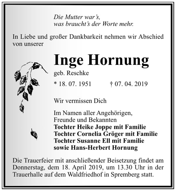 Traueranzeige Inge Hornung, geb. Reschke