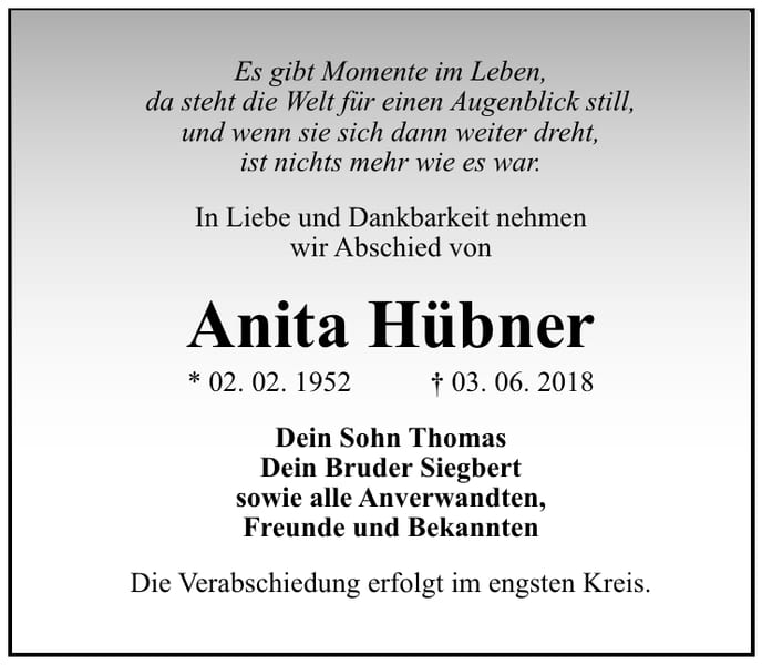 Traueranzeige Anita Hübner