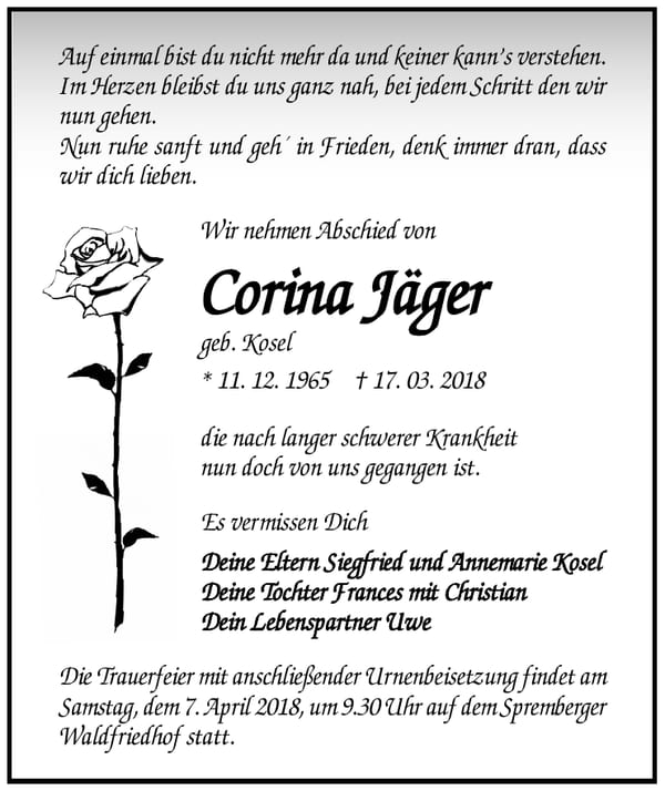 Traueranzeige Corina Jäger geb. Kosel