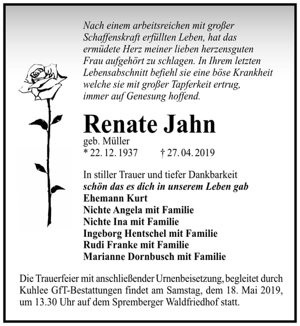 Traueranzeige Renate Jahn, geb. Müller