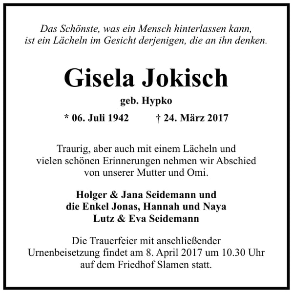 Traueranzeige Gisela Jokisch, geb. Hypko