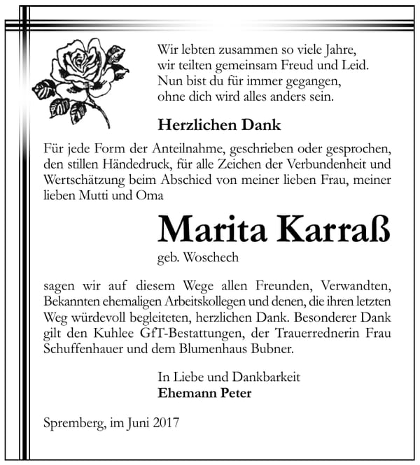 Danksagung Marita Karraß, geb. Woschech
