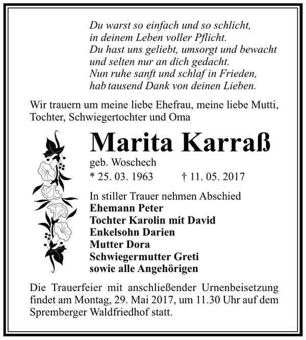 Traueranzeige Marita Karraß, geb. Woschech