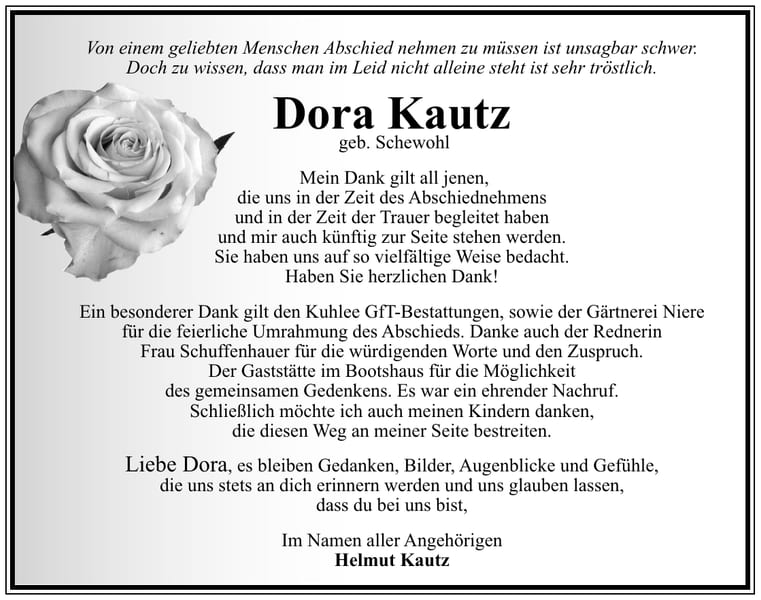 Danksagung Dora Kautz, geb. Schewohl