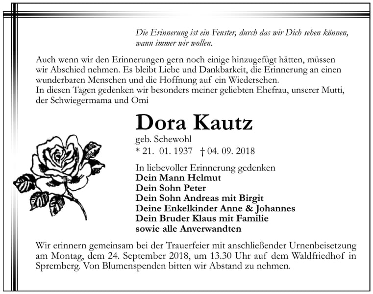 Traueranzeige Dora Kautz, geb. Schewohl