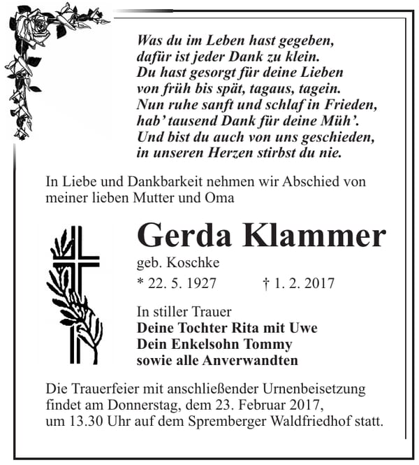 Traueranzeige Gerda Klammer, geb. Koschke