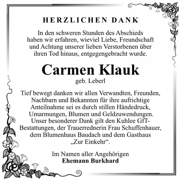 Danksagung Carmen Klauk, geb. Leberl