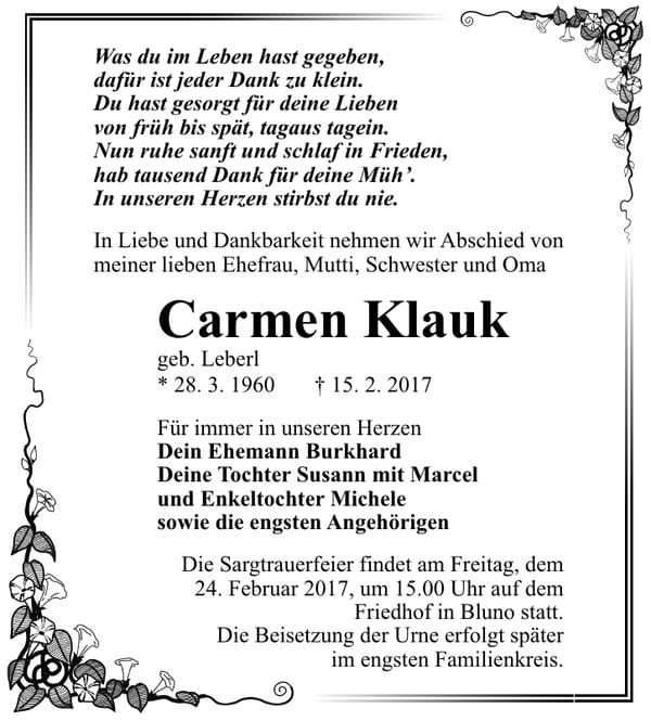 Traueranzeige Carmen Klauk, geb. Leberl
