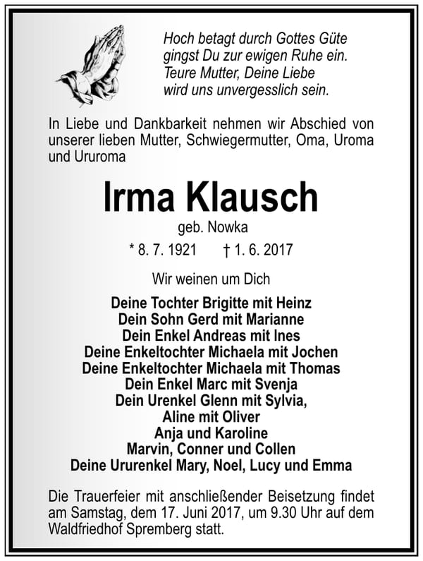 Traueranzeige Irma Klausch, geb. Nowka