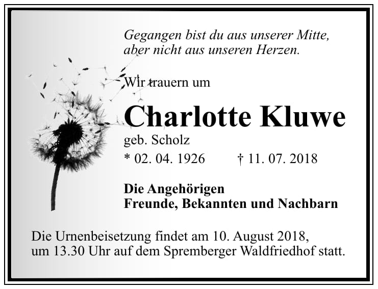 Traueranzeige Charlotte Kluwe, geb. Scholz
