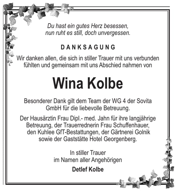 Danksagung Wina Kolbe