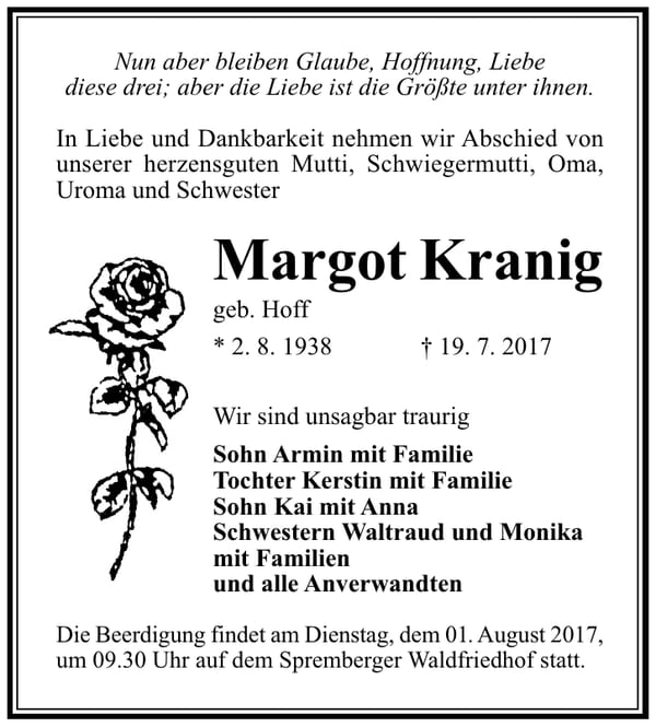 Traueranzeige Margot Kranig, geb. Hoff