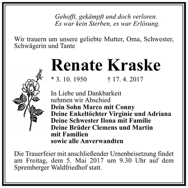 Traueranzeige Renate Kraske