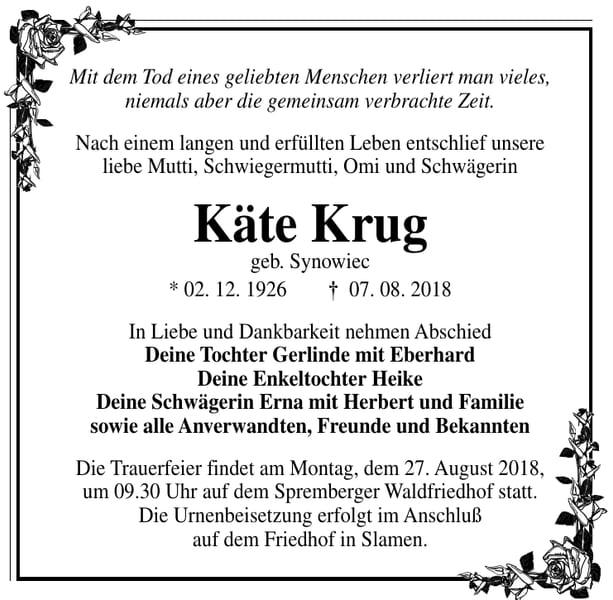 Traueranzeige Käte Krug, geb. Synowiec