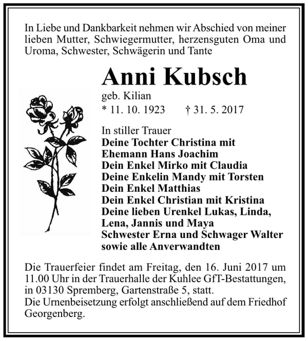 Traueranzeige Anni Kubsch, geb. Kilian