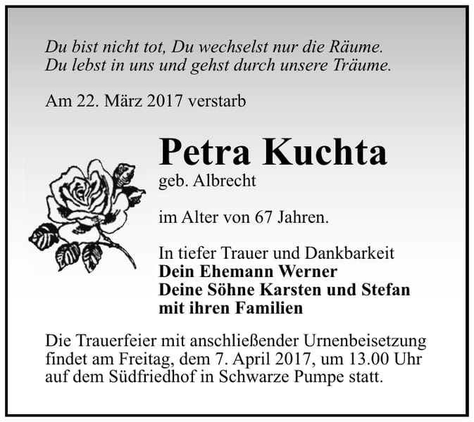 Traueranzeige Petra Kuchta, geb. Albrecht