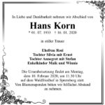 Traueranzeige Hans Korn