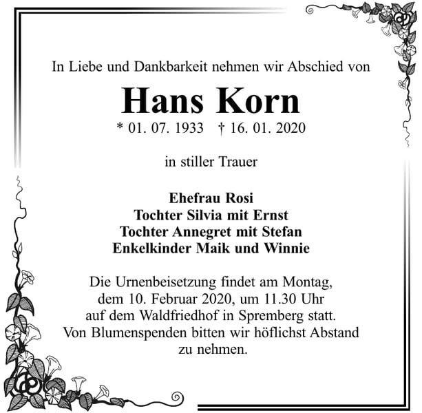 Traueranzeige Hans Korn