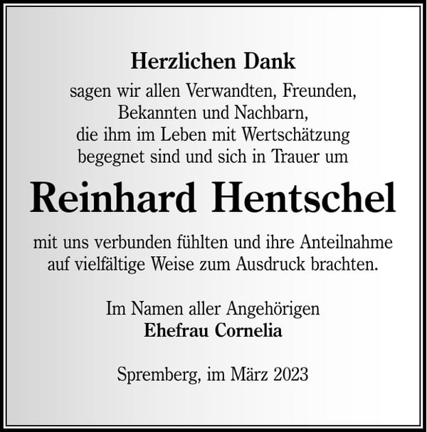Danksagung Reinhard Hentschel