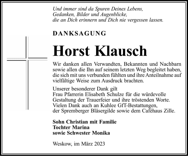 Danksagung Horst Klausch