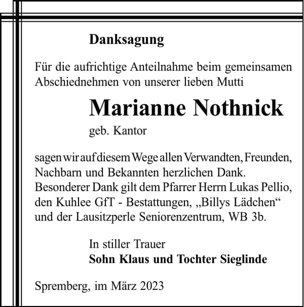 Danksagung Marianne Nothnick, geb. Kantor