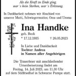 Traueranzeige Ina Handke, geb. Beck