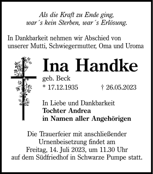 Traueranzeige Ina Handke, geb. Beck