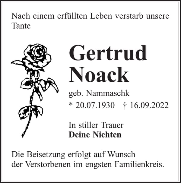Traueranzeige Gertrud Noack, geb. Nammaschk