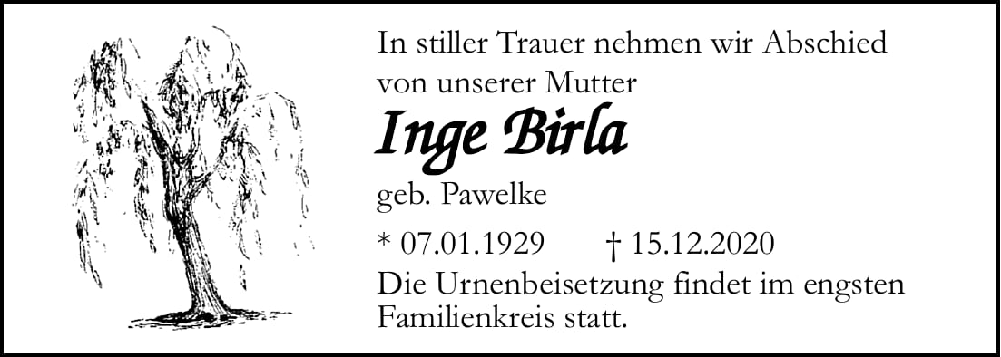 Traueranzeige Inge Birla, geb. Pawelke
