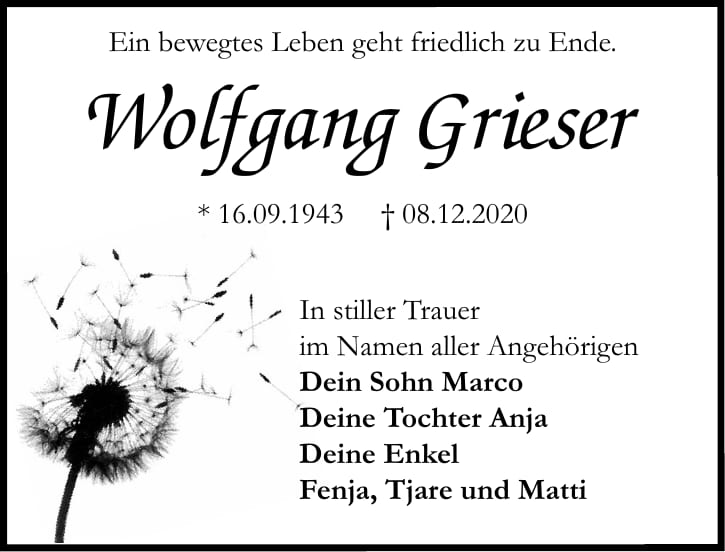 Traueranzeige Wolfgang Grieser