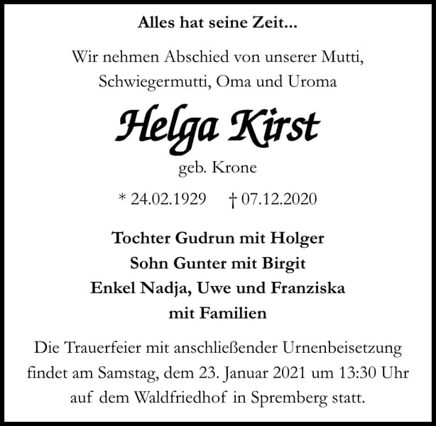 Traueranzeige Helga Kirst, geb. Krone