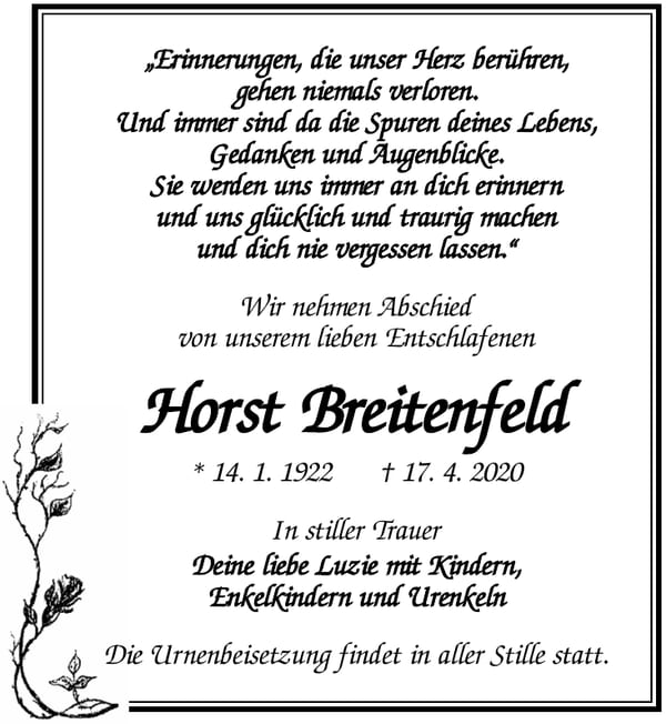 Traueranzeige Horst Breitenfeld