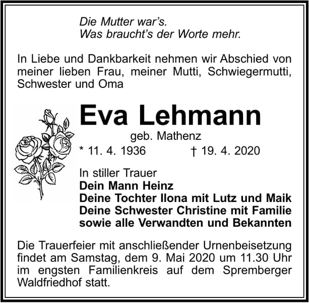 Traueranzeige Eva Lehmann, geb. Mathenz